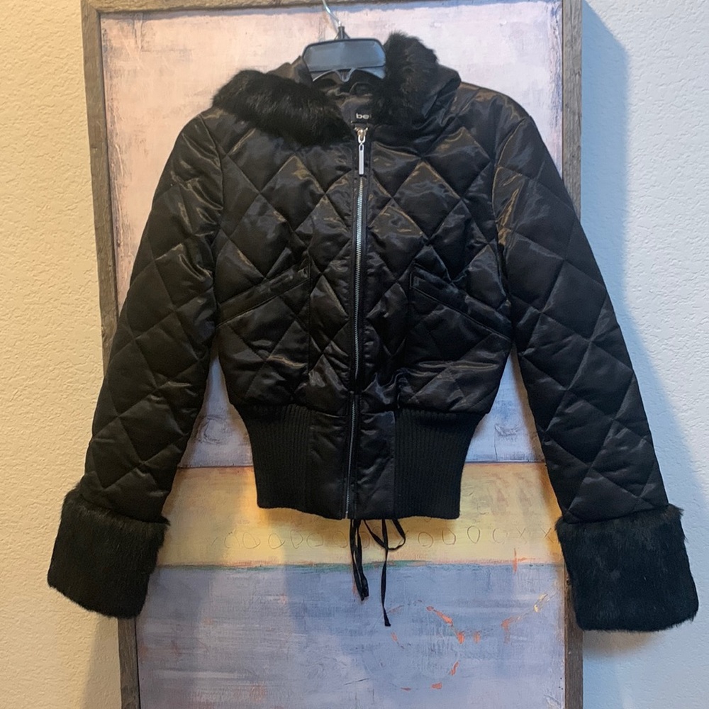 bebe Jacket with hood & faux fur trim.